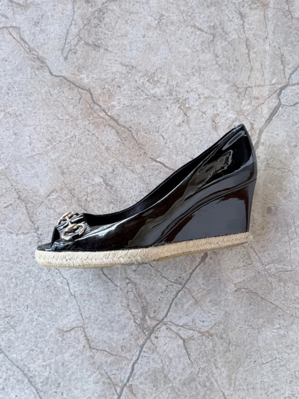 Gucci Black Patent Leather Horsebit Espadrille Peep Toe Wedge Pumps